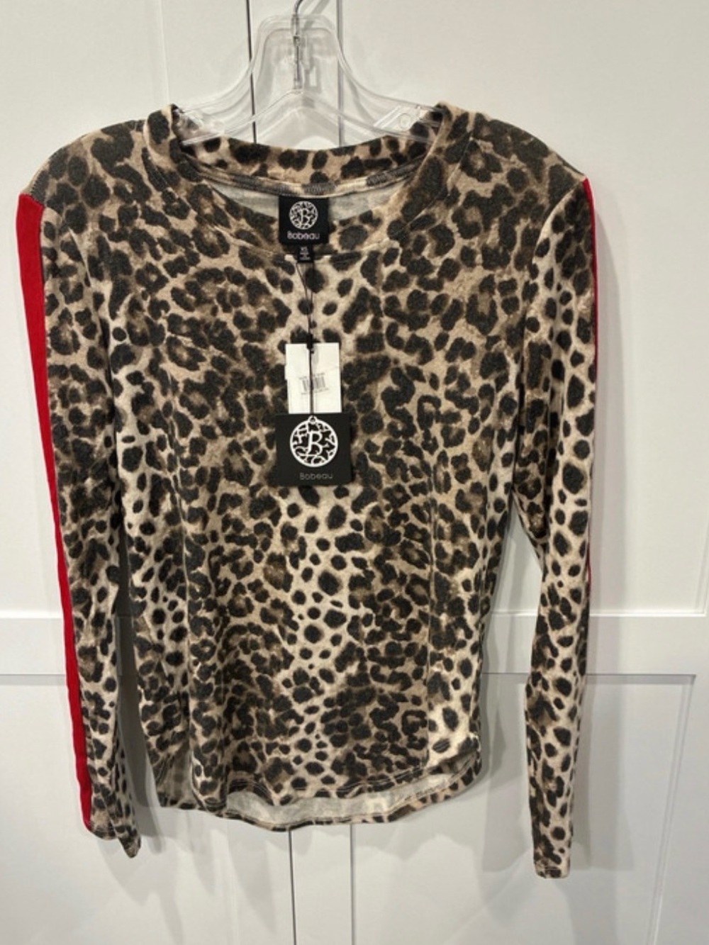 bobeau Leopard Print Long Sleeve Top with Red Sleeve Stripe